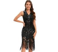 VILOREE - Abito da donna retrò anni '20, pieno di paillettes, scollo a V, adatto per le feste, Nero , XL