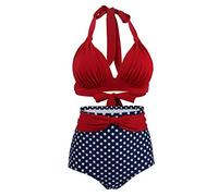 Viloree Costume da Bagno Donna a Vita Alta in Due Pezzi Stampa Floreale Bikini Halter Regolabile Costume da Bagno Resso Reggiseni + Punti di Polka Slip L