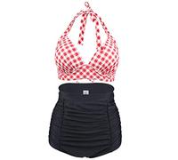 Viloree Costume da Bagno Donna a Vita Alta in Due Pezzi Stampa Floreale Bikini Halter Regolabile Costume da Bagno Rosa Reticolo Reggiseni + Nero Slip XXL