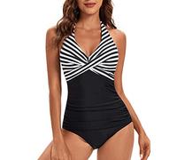 VILOREE - Costume da bagno intero da donna, con allacciatura al collo, scollo a V, schiena scoperta, modellante, snellente, Strisce nere., XL