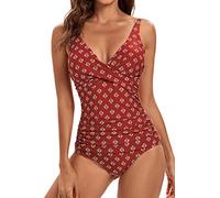 Viloree - Costume da bagno intero, da donna, snellente, morbido sulla pancia, plus size, Rosso con stampa di foglie, L