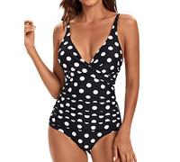 Viloree Costumi da Bagno Interi per Donna Scollo a V Costume Intero Donna con Controllo della Pancia Monokini con arricciature Nero con Pois Bianchi 3XL