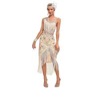 Viloree Elegante Vestito Anni '20 Donna Abito con Profondo Paillettes e Frange in Rilievo per Cocktail Matrimoni Feste Beige 2XL