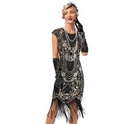 Viloree Vestito Gatsby Donne 1920s Vestito Abito Anni 20 Donna Flapper Dress 1920s Vestito da Sera Paillette Impreziosito Frange Gatsby Dress Nero & Oro (51) S