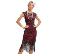 Viloree Vestito Gatsby Donne 1920s Vestito Abito Anni 20 Donna Flapper Dress 1920s Vestito da Sera Paillette Impreziosito Frange Gatsby Dress Nero & Rosso (54) L
