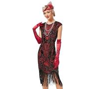 Viloree Vestito Gatsby Donne 1920s Vestito Abito Anni 20 Donna Flapper Dress 1920s Vestito da Sera Paillette Impreziosito Frange Gatsby Dress Nero & Rosso (51) M