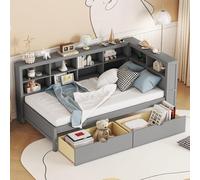 VilroCaz Divano letto matrimoniale moderno con librerie a forma di L, in legno massello, con 2 cassetti e porte di ricarica USB, per ufficio, soggiorno, camera da letto, massimizza lo spazio