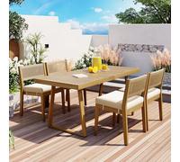 VilroCaz Set da pranzo da 5 pezzi, in legno di acacia, con tavolo da pranzo e sedie, per tutte le stagioni, set per conversazioni all'aperto, con cuscini spessi, per giardino, cortile, balcone (beige+