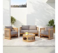 VilroCaz Set di 4 pezzi con divano componibile per tutte le stagioni, con 2 sedie, divanetto e tavolo, in legno di acacia di alta qualità, con dettagli in corda intrecciata e cuscini (grigio + teak)
