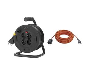 Vimar 0P32730 Avvolgicavo 16A 4 Uscite Universali 15M, Nero, 16.75 x 11.75 x 16.75 cm, 2.5 Kg & 0R32394 Prolunga Elettrica Universale Con Cavo Da 20M, 21 X 21 X 8 Cm, Arancione