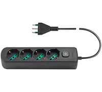 Vimar 0R00641.CC Presa multipla con interruttore e cavo da 1,5 m, 4 uscite SICURY universale standard italiano, spina 16 A standard italiano, nero