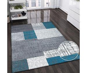 VIMODA Tappeto di Design a Pelo Corto in Turchese Blu, Grigio e Bianco Effetto mattonelle, di Facile Manutenzione, Dimensioni: 160 x 230 cm...