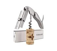 VINAK - Cavatappi da cameriere professionale XPERT in acciaio inox e legno con doppio supporto articolato + apribottiglie + coltello tagliacapsule + spirale professionale (C - Inossidabile)