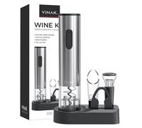 VINAK - Set vino - WINE KIT - Cavatappi elettrico a batterie in acciaio inox + tappo vino vuoto + versatore vino + tagliacapsule | Design moderno | Apribottiglie senza sforzo