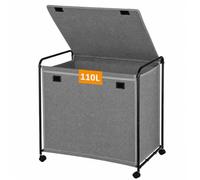 VINATO 110L Cesto Portabiancheria con Coperchio e Ruote, Grande Contenitore Mobile in Tessuto Oxford con Telaio Metallico Robusto, Cestello con Maniglia per Biancheria, Giocattoli - Grigio