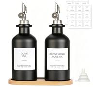 VINATO 2 Pezzi Porta Olio Set, 500ml Oliera Vetro Con Beccuccio,Sottobicchiere in Bambù*1, Imbuto*1, Etichette*18 Per Olio E Aceto, Bottiglia Olio Per Cucina, Caffè E Bar