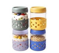 VINATO 4 Pezzi Barattoli di Vetro con Coperchi e Husa in Silicone,500ml Barattoli per Overnight Oats,Vasetti per Yogurt, Meal Prep Contenitori per Yogurt, Marmellata, Chutney, Budino