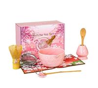 VINATO Matcha Set 7 Pezzi Kit Accessori Cerimonia del Tè, Matcha Polvere Kit con Ciotola Chawan in Ceramica con Beccuccio, Frusta in Bambù, Canovaccio per Gli Amanti Della Cerimonia del Tè, Rosa