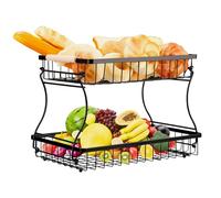 VINATO Portafrutta a 2 Ripiani in Metallo - Fruttiera Moderna con Maniglie in Legno, per Cucina, Bagno & Altro - Ideale per Frutta, Verdura & Organizzazione, Nero