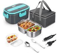 VINATO Scaldavivande Elettrico Portatile 1,5 L Menta per Auto e Ufficio | Scaldavivande con scomparto 304 Inox, riscaldamento PTC 60W, 4 chiusure, posate e borsa termica.