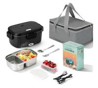 VINATO Scaldavivande Elettrico Portatile 1,5 L Nero per Auto e Ufficio | Scaldavivande con scomparto 304 Inox, riscaldamento PTC 60W, 4 chiusure, posate e borsa termica.