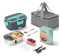 VINATO Scaldavivande Elettrico Portatile 1,5 L Verde per Auto e Ufficio | Scaldavivande con scomparto 304 Inox, riscaldamento PTC 60W, 4 chiusure, posate e borsa termica.