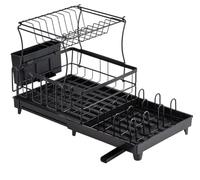 VINATO Scolapiatti da Appoggio a 2 Livelli, Scolapiatti da Lavello Salvaspazio Porta posate cucina con Bandeja Estraibile, Scolapiatti da Appoggio per Lavello con 360°Scarico Regolabile, 52x31x31cm