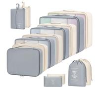 VINATO Set da 14 Organizer Valigia, Organizer Valigia Salvaspazio con Sacchetti Vestiti Viaggio, Packing Cubes per Abbigliamento, Borsa per Scarpe e Organizer in Rete, Grigio & Beige