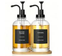 VINATO Set di 2 Dispensatore Olio e Aceto con Vassoio in Bambù,500 ml Dispenser per Sciroppi,Bottiglia di Sciroppo in Vetro con 34 Etichette con Pompa per Cucina,Caffè Bar