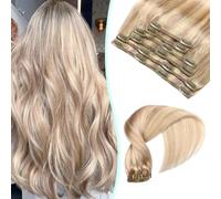VINBAO Extension a clip per capelli naturali highlight biondi estensione a clip in capelli biondi cenere stoppini biondi tinti, 6 pezzi/120 g, 50 cm, extension per capelli Remy biondi