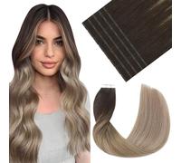 VINBAO Invisible - Extension adesive in capelli veri, colore marrone scuro fino a castano e biondo sporco, 20 pezzi, 50 g, 35 cm, colore naturale