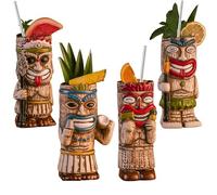 Vinbcorw Set di 4 Tazze da Cocktail Tiki - Tazza esotica Satinata con Confezione da 4 cannucce, Bicchieri da Cocktail Tiki Party per Bevande da Bar Bicchieri Premium Tropicali esotici Carini,A5