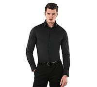 Vincenzo Boretti Camicia Elastica Uomo Eleganti, Taglio Molto Aderente (Extra Slim-Fit), Stretch, Collo Classico, Manica Lunga, in Tinta Unita - Easy Iron, Facile da Stirare Nero 39-40
