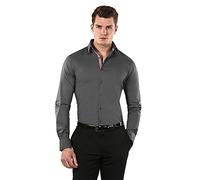 Vincenzo Boretti Camicia Elastica Uomo Eleganti, Taglio Molto Aderente (Extra Slim-Fit), Stretch, Collo Classico, Manica Lunga, in Tinta Unita - Easy Iron, Facile da st Grigio Scuro/Rosso Vino 39-40