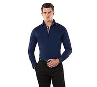 Vincenzo Boretti Camicia Elastica Uomo Eleganti, Taglio Molto Aderente (Extra Slim-Fit), Stretch, Collo Classico, Manica Lunga, in Tinta Unita - Easy Iron, Facile da Stira Blu Scuro/Rosso Vino 39-40