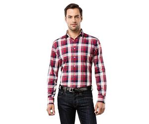 Vincenzo Boretti Camicia Uomo Eleganti, Taglio Aderente/Slim-Fit, Collo Classico, Manica Lunga, a Quadri con Inserti in Contrasto - Non Stiro/Non-Iron Blu Scuro/Rosso Vino 39-40
