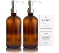 Vine Creations Dispenser di sapone in vetro ambrato, confezione da 2, bottiglie spesse da 473,6 ml, con pompa in acciaio inossidabile antiruggine, barattolo vintage moderno, accessori per bagno e