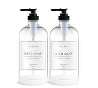 Vine Creations Dispenser di sapone in vetro trasparente, confezione da 2, bottiglie di vetro spesse da 473 ml, con pompa in plastica nera, decorazione moderna per cucina e bagno, dispenser di sapone