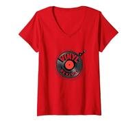 Vinile Revival Retro Record Music Lover Maglietta con Collo a V, Donna, Rosso, M