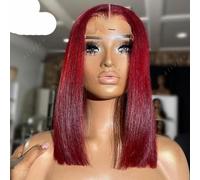 Vino Rosso 99J Colore Corto Capelli Umani Trasparente 180% Densità 13X4 Parrucca Frontale in Pizzo Pieno Capelli Umani per Donne Parrucca Prepizzicata-12 POLLICI-13x4 Parrucca Frontale 180-Colore Vino