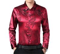 Vino Rosso Liscio Seta Raso Camicia Uomo Drago Cinese Jacquard Mens Slim Fit Manica Lunga Pulsante Giù Abito Camicie Chemise