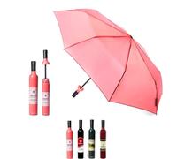 VINRELLA Ombrello per bottiglia di vino, ombrello per pioggia, ombrello portatile e compatto per viaggi, impermeabile e antivento, regalo divertente, blocco UV, etichetta con rosa, bottiglia di vino