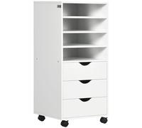 Vinsetto Cassettiera da Ufficio con 4 Ruote 4 Ripiani 3 Cassetti, Legno Bianco
