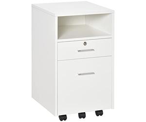 Vinsetto Schedario da Ufficio con 2 Cassetti, 5 Ruote e Ripiano Aperto, Cassettiera Ufficio con Serratura e 2 Chiavi per Lettera/Formato A4, Armadietto Verticale per Studio, 39x40x65 cm, Bianco