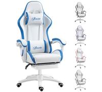 Vinsetto Sedia da gioco per computer, sedia da scrivania in pelle PU con poggiapiedi, sedia girevole con schienale reclinabile a 135° e supporto lombare, sedia per PC, per adulti, bianco e blu