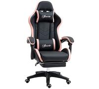 Vinsetto Sedia da gioco per computer, sedia da scrivania in pelle PU con poggiapiedi, sedia girevole con schienale reclinabile a 135° e supporto lombare, sedia per PC, per adulti, nero e rosa