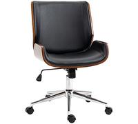 Vinsetto Sedia da Ufficio Senza Braccioli con Ruote Girevoli, Schienale e Seduta Curva, Sedia da Scrivania Studio Vintage Inclinabile, Altezza Regolabile, in Pelle PU e Legno, Nero e Marrone Scuro