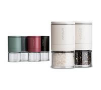 Vinsun Macina pepe e sale manuale - Set di 2 crema bianca - Macinino ceramica regolabile, acciaio inox, vetro acrilico - Macina spezie piccolo ø51x100mm