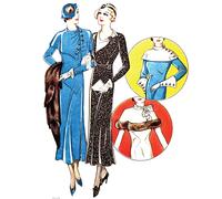 Vintage 1930s Cucito Motivo, Donna Abito Con Mantella Collare - Busto: 91.4cm (