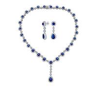Vintage Antique Style Fashion Bridal Oval Crown Halo Aaa Royal Blue Simulated Sapphire Statement Y Drop Necklace, Chandelier Dangle Earrings Jewelry Set Per Donne Wedding Silver Plated